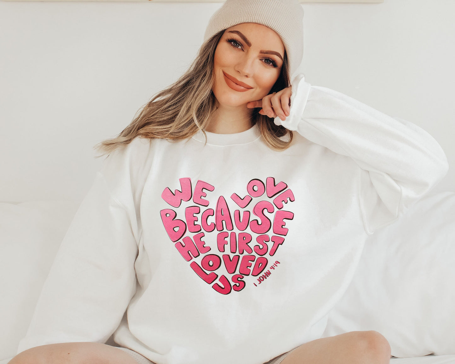 we love because he first loved us sweatshirt, Valentine sweatshirt,heart shirt,gift for valentina,Christian Sweatshirt Gift,Bible shirt
