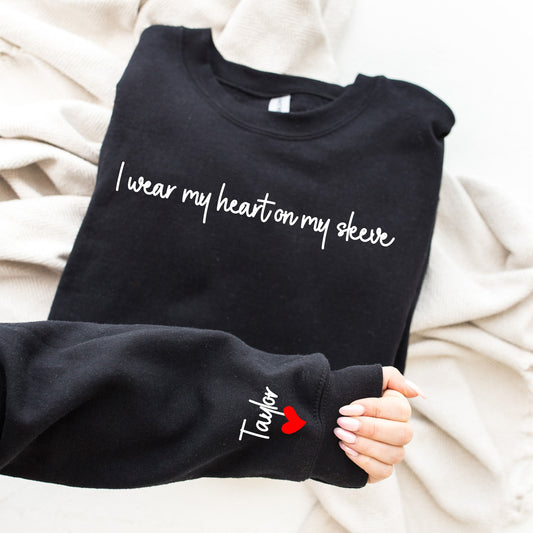 I Wear My Heart On My Sleeve Sweatshirt,Gift for Mom, Custom Mama Sweatshirt with kids Name on Sleeve, Mother Day Gift for Mom,