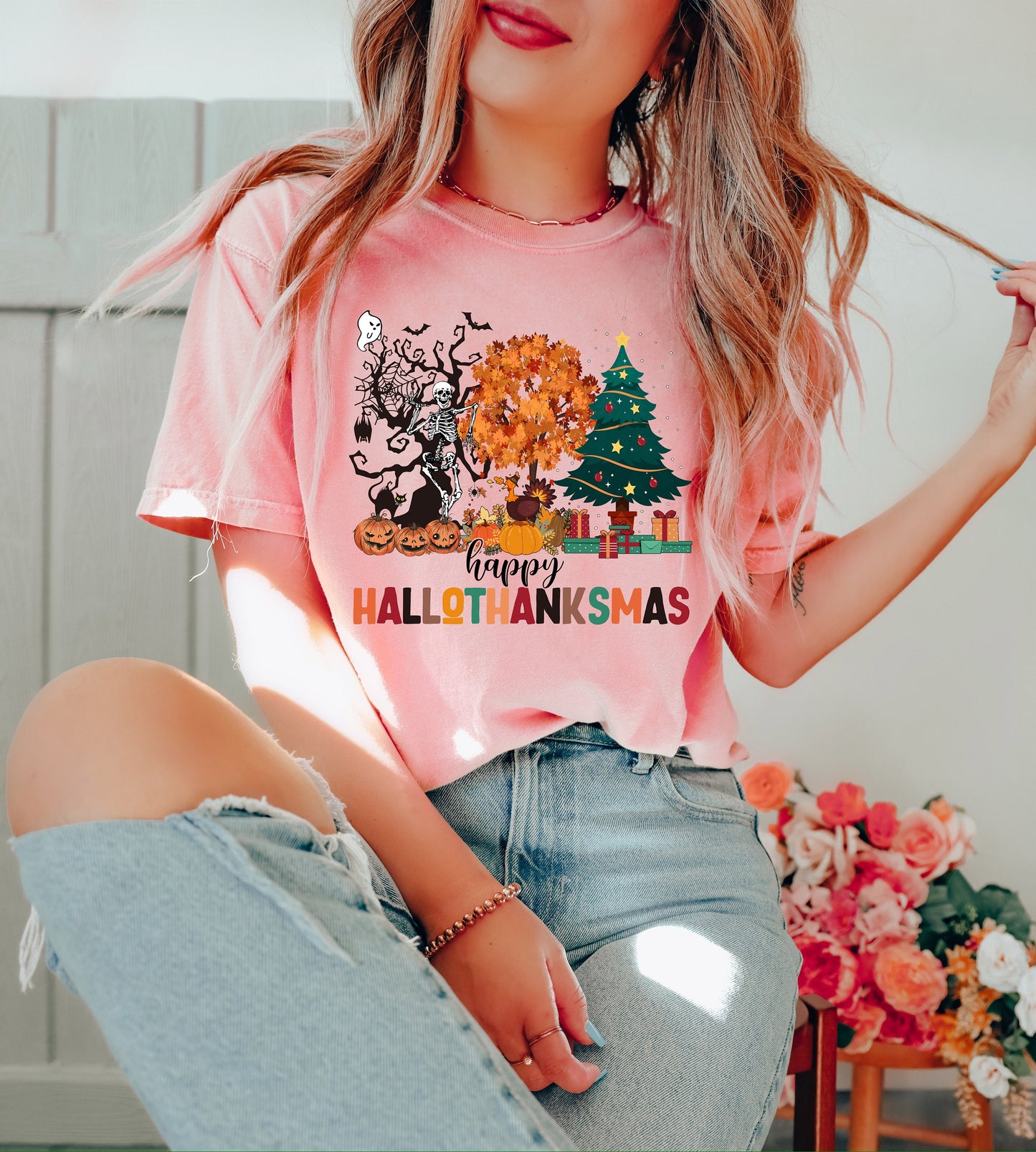 Comfort Colors Happy Hallothanksmas Shirt,Halloween Shirt,Thanksgiving Shirt,Christmas Shirt,Winter Clothing,Cute Halloween ,Hallothanksmas