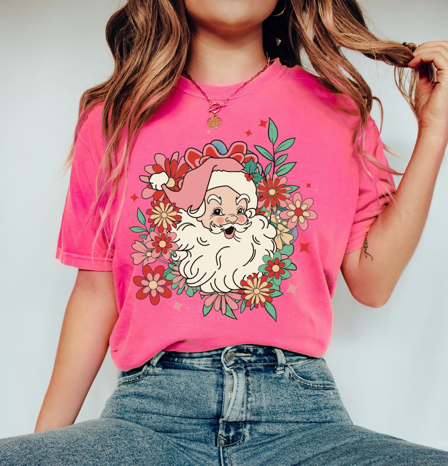 Flower Santa Shirt,Christmas Shirt,Santa Shirt,Christmas Gifts,Retro Santa Sweatshirt,Vintage Santa Shirt,Santa Gift,Holiday Clothing